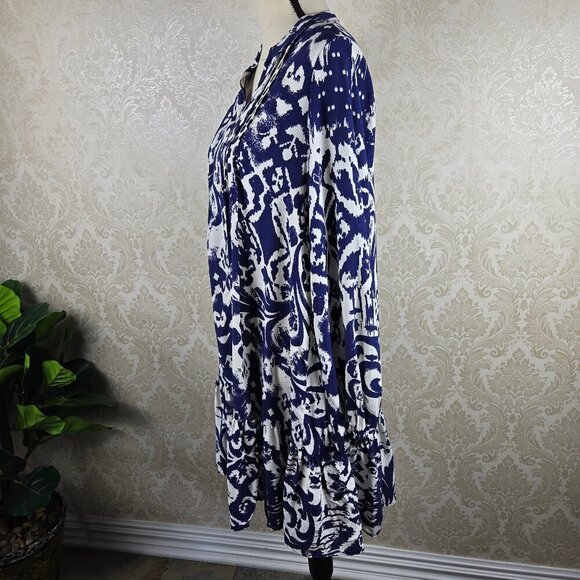 Zara Size Medium Blue White Ikat Print Dress Long Sleeve Ruffle Bottom Tier NWT - Picture 7 of 15